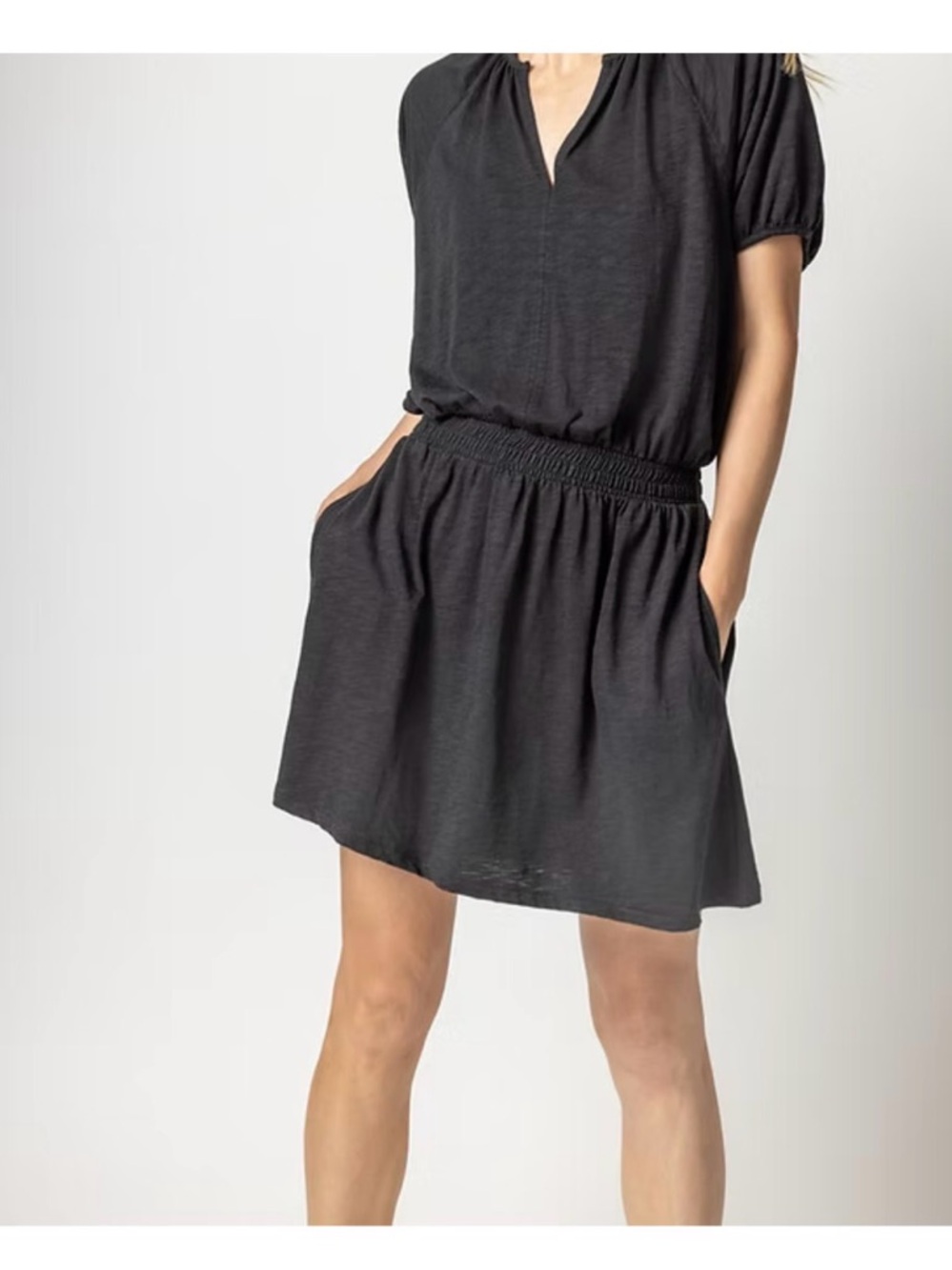 Lilla P Black Short Sleeve Smocked Waist Mini Dress